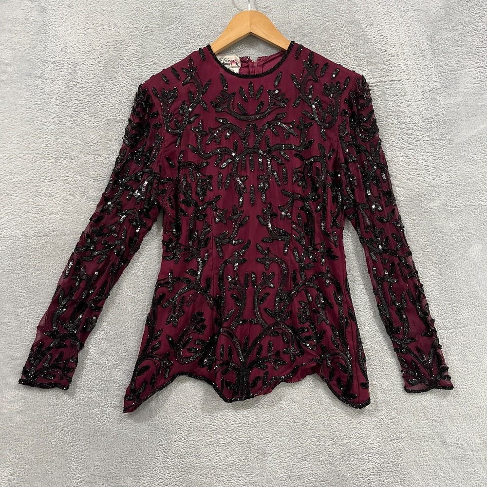 Vintage Stenay 100% Silk Beaded Blouse Cocktail Glam Small 90s Preppy Party